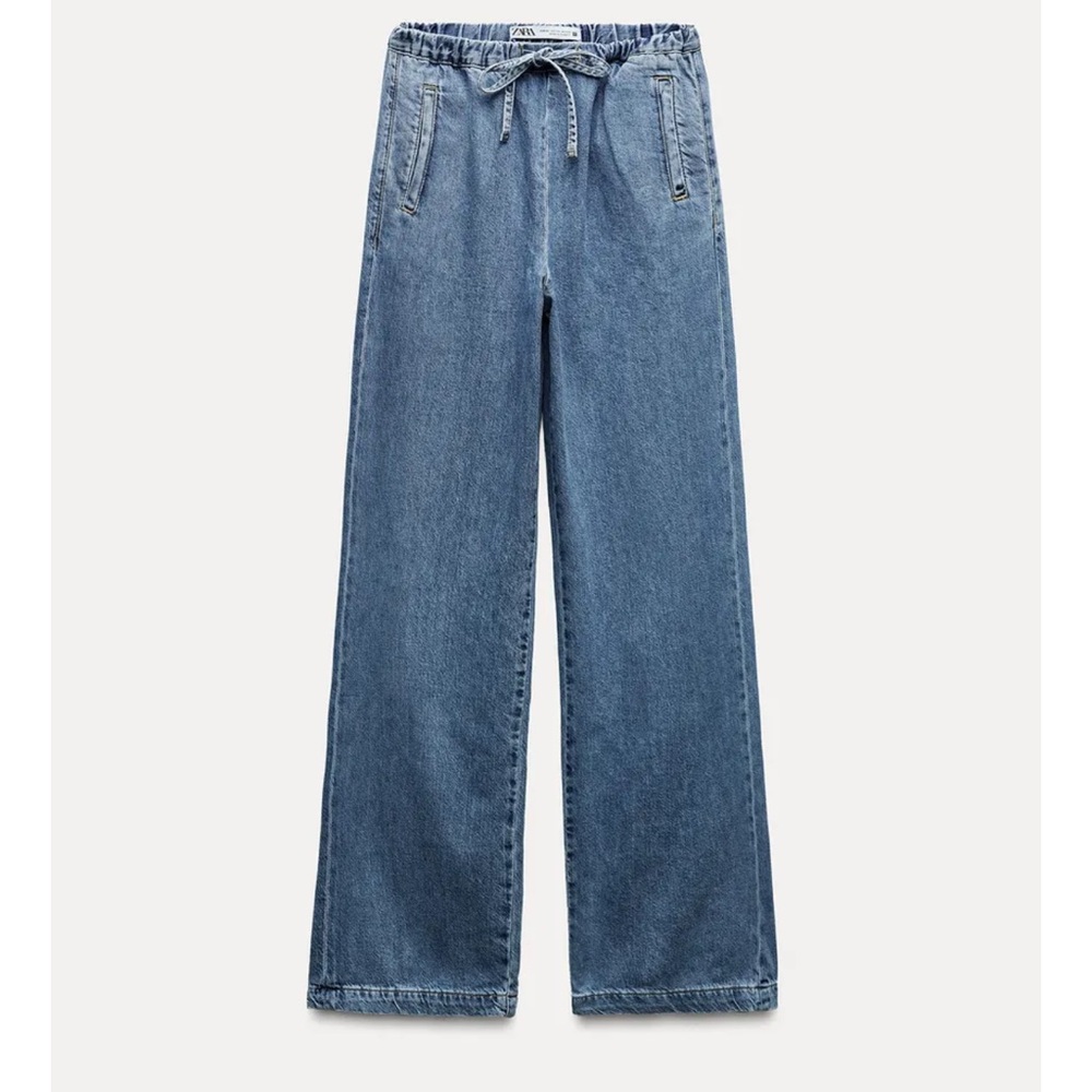 Zara Denim drawstring tie waist Wide-Leg Jeans